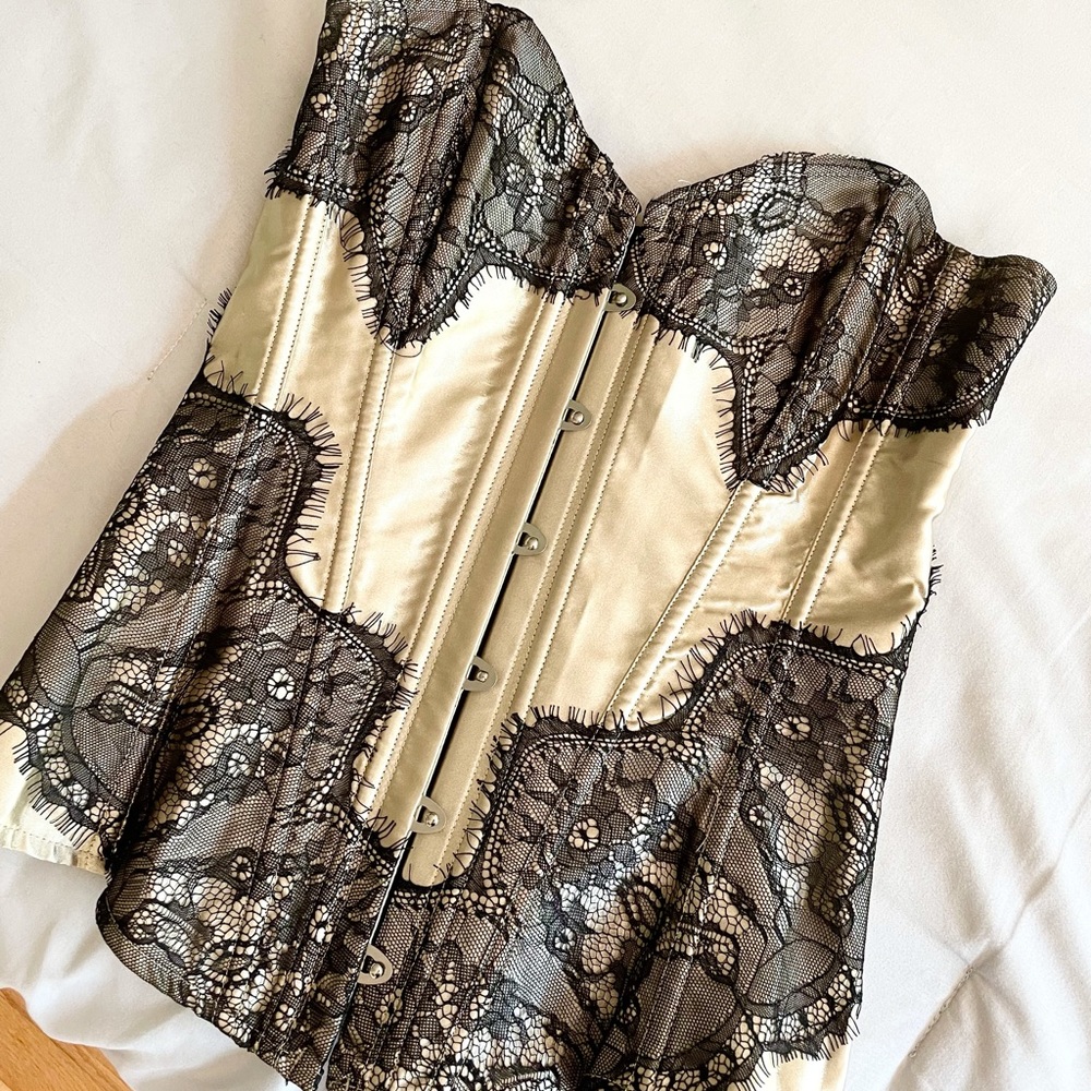 Adore Me Champagne/Gold Silk & Black Lace Corset